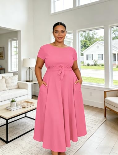 Image of Hostoyo Women Plus Size Formal A Line Maxi Dress Self Tie Waist with Pockets Elegant Round Neck Swing Long Dresses