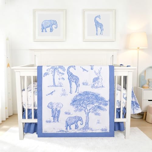 Image of TANOFAR 4-Piece Crib Bedding Set for Baby Boys, Blue Elephant Nursery Bedding Set Includes Comforter, Fitted Crib Sheet, Crib Skirt, and Diaper Stacker, Blue Elephant