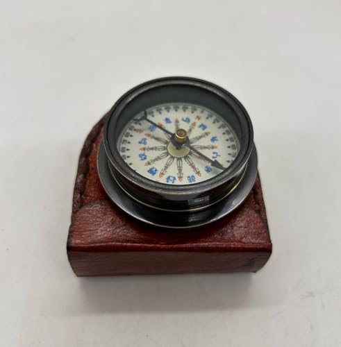 Brújula de bolsillo náutica de latón de 2 x 1.7 pulgadas con estuche de cuero, herramienta de orientación para senderismo, camping y navegación al aire libre miniatura 3