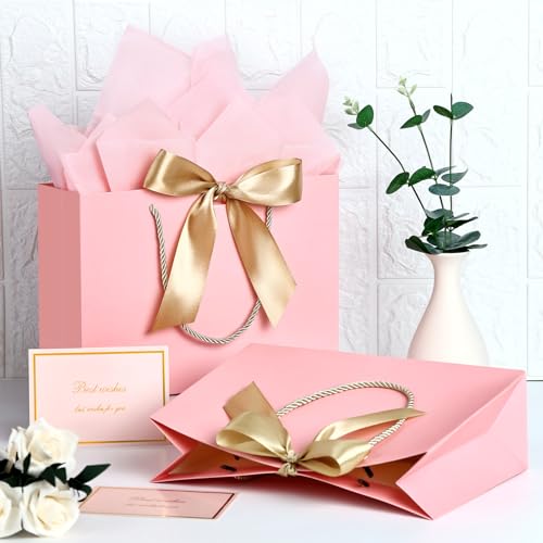 Image of JMANNI Mothers Day Gift Bags with Handles, 11 inch Small Gift Bag for Presents, 2 Pcs Bags with 4 Tissue Paper and 2 Cards for Baby Shower Wedding Bridal Shower Mother's Day Birthday Party (Pink)