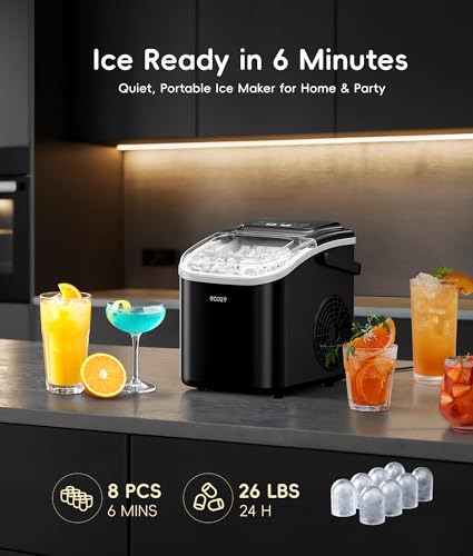 Image of ecozy Portable Ice Makers Countertop, 8 Cubes in 6 Mins, 26lbs /Day, Bullet Ice Maker Machine with 2 Ice Sizes, Self-Cleaning Ice Maker with Carry Handle for Home /Kitchen /Party /Travel - 2026 Version