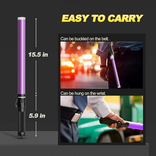Image of E-riding 2 Pack Purple Traffic Wand, 21 Inch Traffic Control Wand with 3 Flashing Modes & Side Clip, LED Safety Baton for Traffic Control, Parking, Aircraft, Car Directing