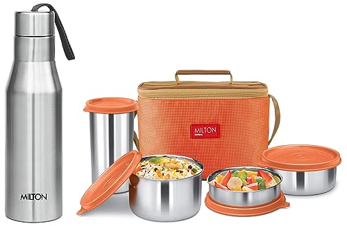 Image of MILTON Delicious Combo Stainless Steel Insulated Tiffin, Set of 4, (3 Container, 1 Tumbler) Orange & Milton Super 1000 Stainless Steel Water Bottle, 1000 ml, Silver
