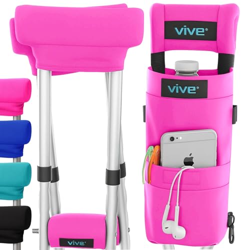 Vive Premium Crutch Pads Bag & Hand Grips (5 PCS) - Crutches for Adults Armpit Padding Hand Grips Accessories Pouch - Soft Tips Medical Padded Handles for Kids Men Women - Lightweight (Pink)