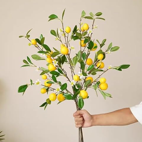 BFYDOAA 3pcs Artificial Lemon Branch 80cm Long Stem Yellow Lemons Picks with Green Leaves and Flowers, for Home Kitchen Farmhouse Table Centerpiece Cover
