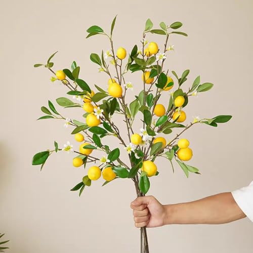 BFYDOAA 3pcs Artificial Lemon Branch 80cm Long Stem Yellow Lemons Picks with Green Leaves and Flowers, for Home Kitchen Farmhouse Table Centerpiece