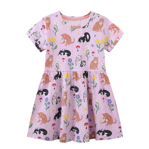 Toddler Girl Summer Dress Little Girls Cotton Short Sleeve Dresses Casual Midi Sundress for Kids 2-7 Years Pink Cats 4T