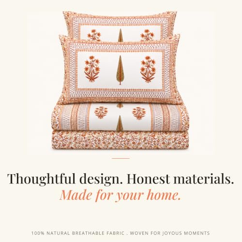 Image of Naksh King Size Bed Sheet Orange Floral Print 2 Pillow Covers | Orange Botanical Floral Print | Heritage Design for King Size Bedrooms