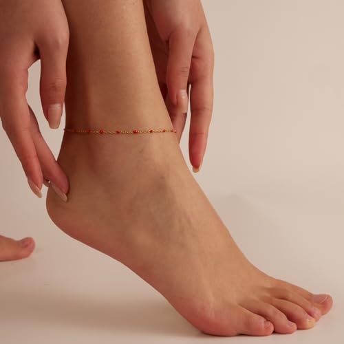 Image of 18K Gold Plated Boho Beaded Anklets for Women Dainty Gold Layered Round Ball Ankle Bracelet Pearl Cross Anklet Bracelet Waterproof Gold Jewelry