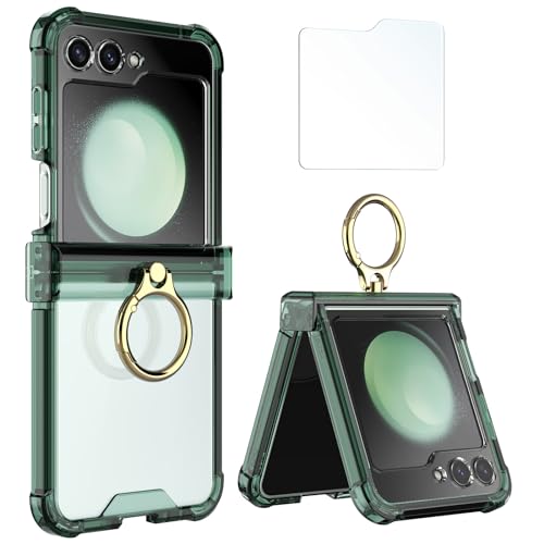 Simpeak Case Compatible with Samsung Galaxy Z Flip 5 5G, Soft Silicone Protective Cover Cases with Metal Ring Replacement for Galaxy Z Flip 5 Women Men, Anti-Scratch,Shockproof, Translucent Green