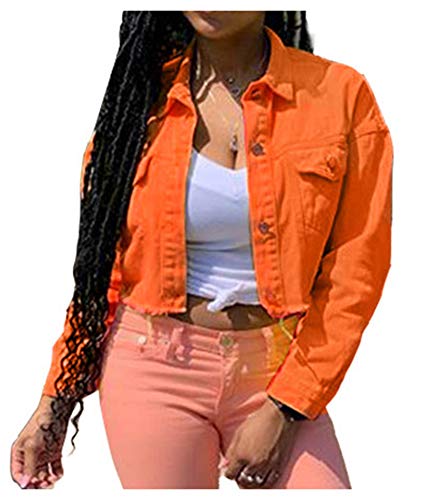 LifeShe Women's Solid Cropped Denim Jean Jacket Coat with Frayed Hem Orange