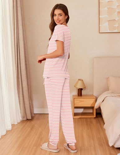 Image of Ekouaer Womens Pajama Sets Short Sleeve Lounge Sets for Women Printed Jogger Pajama Set 2 Piece Pj Sets With Pockets S-XXL