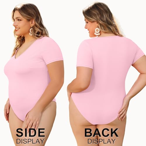 Image of COOTRY Plus Size Short Sleeve Bodysuits for Women V Neck Body Suit Tops Basic One Piece Bodysuit T Shirt