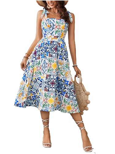 Image of Floerns Women's Floral Print Tie Strap Square Neck Ruffle Boho Maxi Dress