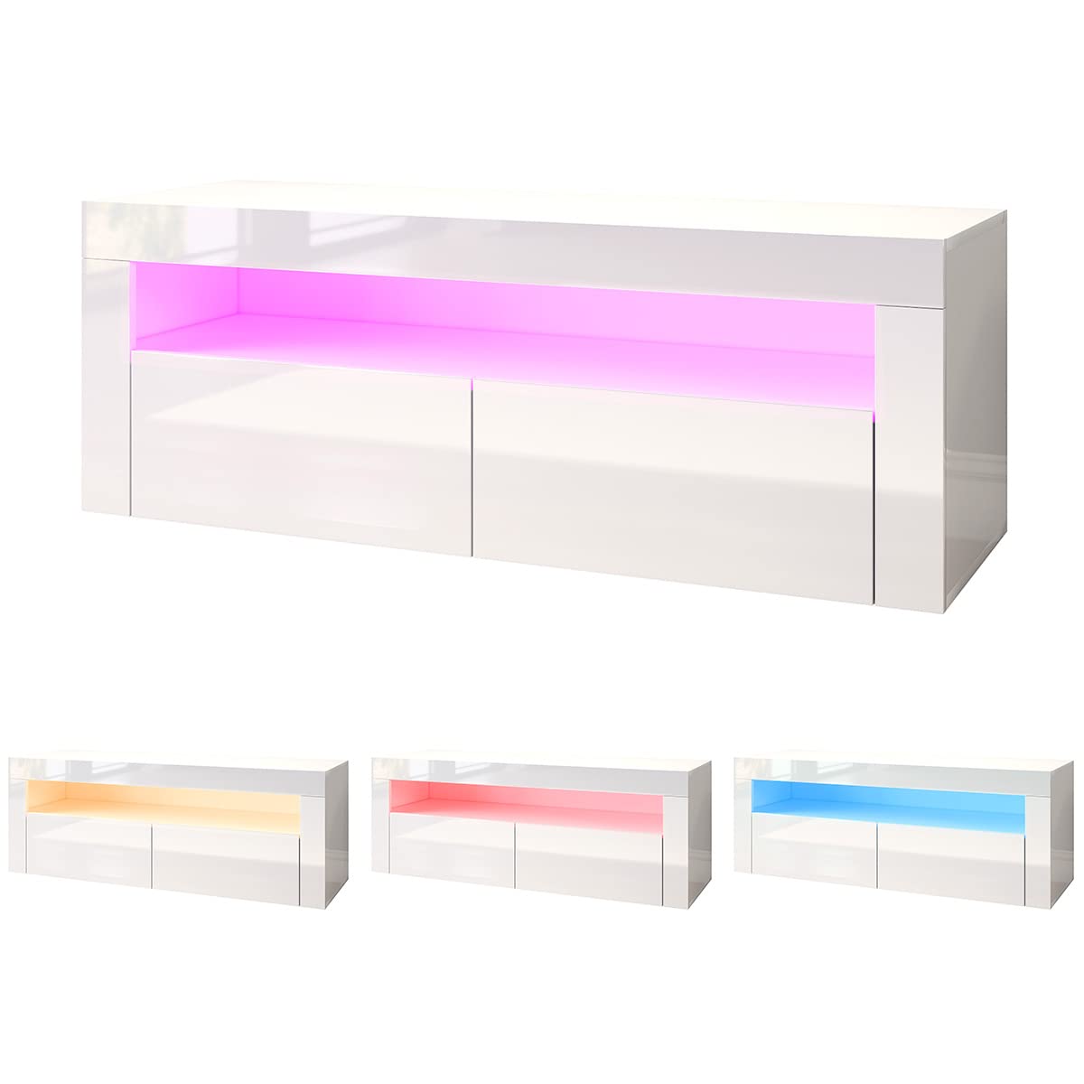 SONNI TV Board mit LED (16 Farben), 2 Türen, Hochglanz Weiß, 120x40x45cm | TV-Schrank für Fernseher bis zu 50 Zoll, Lowboard mit Großer Stauraum, TV-Regal für Wohnzimmer, Esszimmer, Schlafzimmer