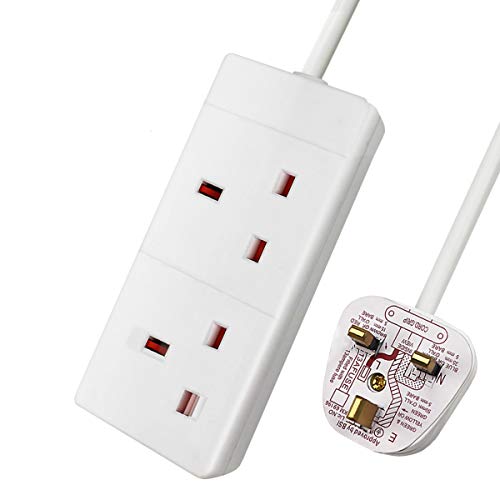 ExtraStar 2 Way Extension Lead 13A Fused UK Plug Extension Socket 2M Extension Cable Power Strip - White