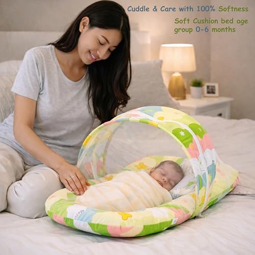 Image of Fareto Combo of Baby Bed with Net | Carry Bag | 4 Pcs Bedding Set (0-6 Months, Baby Size, Cotton) (Grass Green NEW Star)