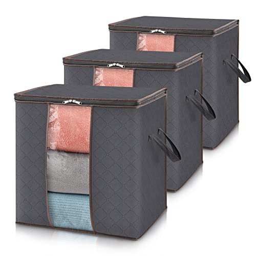 Image of Lifewit Clothes Storage Bag 90L Large Capacity Organizer with Reinforced Handle Thick Fabric for Comforters, Blankets, Bedding, Foldable with Sturdy Zipper, Clear Window, 3 Pack, Grey