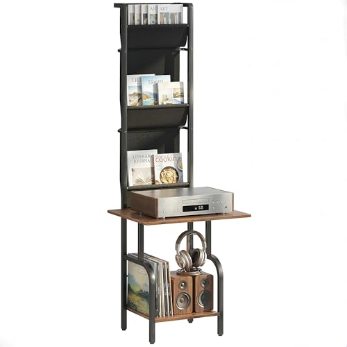 HOMCOM Plattenspieler Schallplatten Aufbewahrung mit 3 Stofftaschen Schallplattenspieler-Tisch mit offenem Fach Blurays Aufbewahrung für bis zu 40 Alben 50 x 48,5 x 144 cm Rustikal-Braun