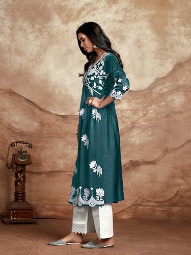 Image of EthnicJunction Women's Silk Blend Regular Fit Chikankari Embroidered Naira Cut Kurta
