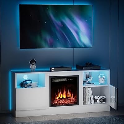 oneinmil Fireplace TV Stand with 18" Electric Fireplace, LED Entertainment Center, Modern Wood Texture Entertainment Stand with Highlight Storage Cabinet for TVs Up to 65", 58 inches,White