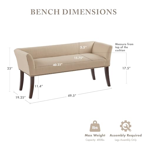 Image of Madison Park Accent Bench, Upholstered with Nailhead Trim, & Padded Seat Entryway Bench Small, End of Bed Bench with Back, 49.5 inch W x 19.25 inch D x 23 inch H, Tan