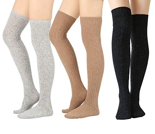 STYLEGAGA Women's Fall Winter Warm Over the Knee High Socks Knit Long Boot Socks Leg Warmer (Wool Cable_Camel/Black/LtGray 3Pair)