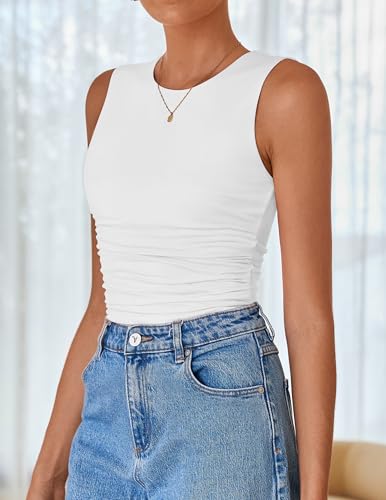 ZESICA Womens Summer Tank Tops 2025 Sleeveless Crewneck Knit Slim Fitted Side Ruched Casual Basic Shirt3