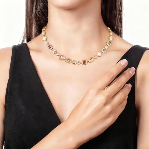 BREN Tennis Necklaces for Women - Gold Plated Gemstone Necklace Cubic Zirconia Chain Choker Necklace Colorful Necklace Rainbow Hip-Hop Jewelry Wedding Valentine's Day Gifts - Image 6
