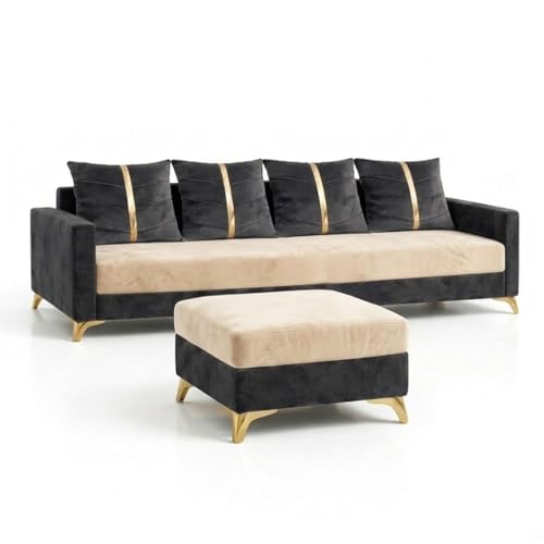 Image of Caviar 5 Seater L Shape Sofa Set with Movable Ottoman | Flexible Layout | Luxury Velvet Suede Fabric | Modern Living Room Sofa | Dark Grey-Cream