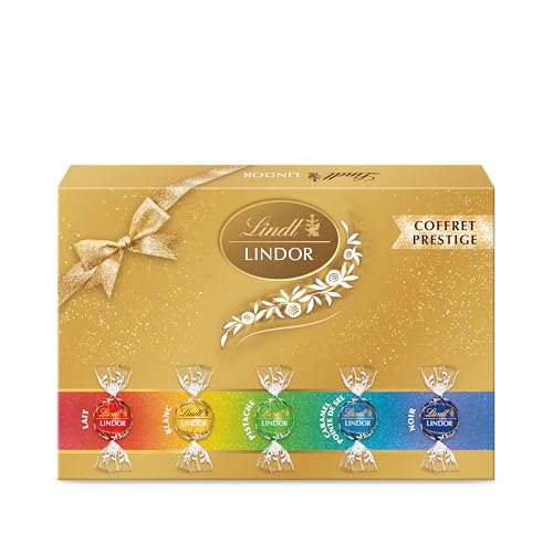 Lindt - Boîte LINDOR Coffret prestige - Assortiment de Chocolats au Lait, Noir et Blanc - Idéal pour Noël, 247g