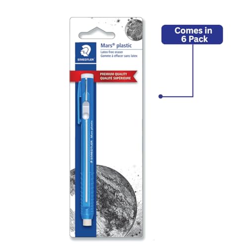 Image of STAEDTLER 6-Pack Mars Plastic Eraser Pen with Refillable Holder, German-Made Eraser for Pencils, Smudge-Free & Tear-Free Precision, Retractable Design with Clip, Blue, 6 Count