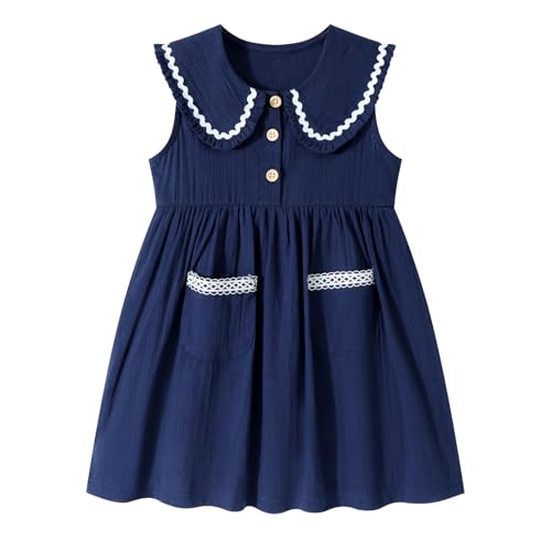 Image of HILEELANG Girls Cotton Dress Sleeveless Peter Pan Collar with Pockets