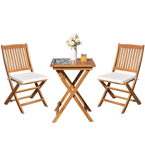 Image of Greesum 3 Piece Patio Folding Furniture Bistro Set with 2 Chairs and Square Table for Pool Beach Backyard Balcony Porch Deck Garden,Acacia Wood