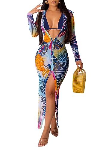 Women's Sheer Mesh Long Sleeve Bodycon Dress Club Night Out Dresses Beach Cover Up Dress