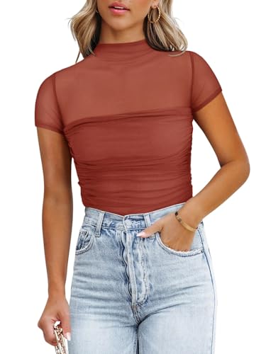 Image of REORIA Women's Sexy Mock Turtle Neck Short Sleeve Shirts Sheer Mesh Ruched Trendy Going Out Bodysuits Tops