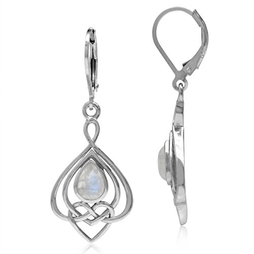Silvershake Natural Moonstone 925 Sterling Silver Celtic Heart Knot Drop Dangle Leverback Earrings