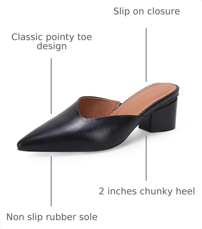 Image of Coutgo Womens Pointed Toe V Cut Mules Chunky Block Heels Slip On Clogs Fashion Office Slides Shoes