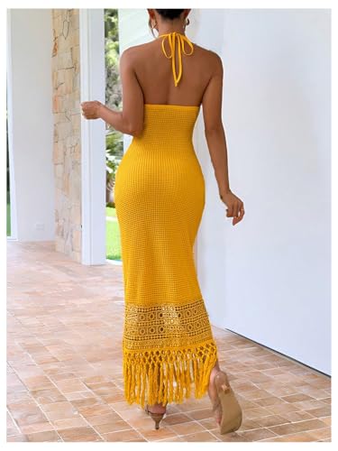 SOLY HUX Women's Summer Fringe Trim Halter Neck Bodycon Dress Crochet Sleeveless Maxi Dresses2