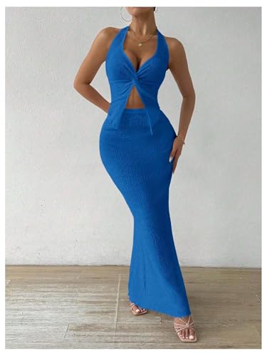 Image of SOLY HUX Women's Two Piece Outfits Twist Front Halter Cami Tops and Skirt Summer Set