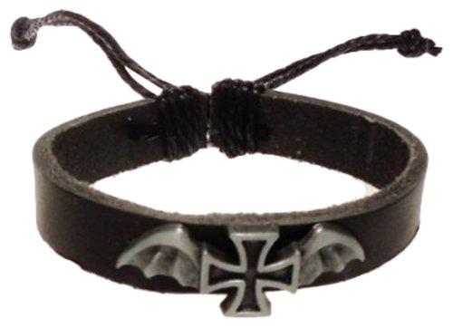 Cross Bracelet - Winged Cross of Brushed Steel and Black Leather - Kiki's Black Winged Cross