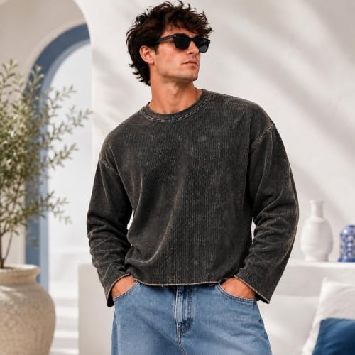 Buy Men's Oversized Washed T-Shirt L Size Black | Unisex Boxy Fit, Cropped Tee, Waffle Knit, Streetwear Fashion Top, Trendy Loose Fit at Amazon.in - Image 4