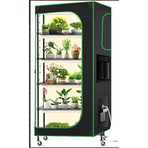 PYY Indoor Greenhouse with Grow Light - Portable Outdoor Plant Green House Cabinet, PVC Tent Cover, 6 Tier Gardening Shelves, Black
