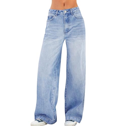 fanmpghleoo Wide Leg Jeans Woman Baggy Low Rise Jeans Y2k Casual Denim Pants with Pockets Lounge Boyfriend Jean Trousers