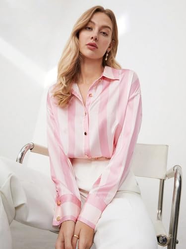 Image of IndoPrimo Women's Satin Shirt with Long Sleeves Western Style Spread Collar Neck Relaxed Fit Stripe Printed Pattern and Standard Length