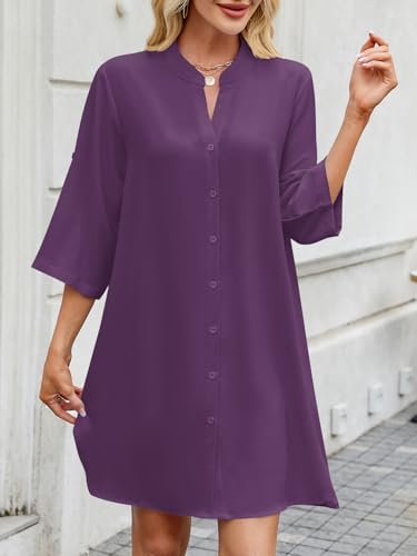 Image of PerZeal Womens Sexy V Neck Button Down Shirt Dresses Summer Short Sleeve Casual Loose Blouses & Button-Down Shifts Cover Ups