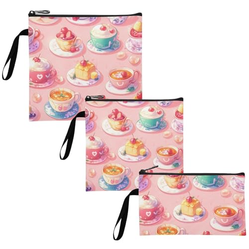 Coffee Yummy Pink Cartoon 3 pack Reusable Travel Snack Bags Multi-Use Food-Safe Storage Zipper Bag for Kids Students Adults Food