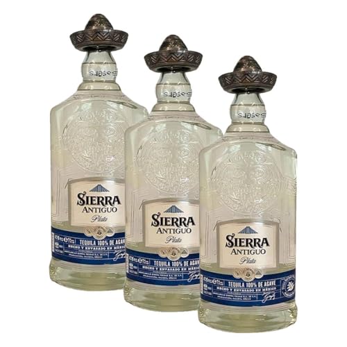 Sierra Antiguo Plata (1 x 700 ml) – reiner Tequila Blanco aus 100% Blaue Weber Agave – Tequila mit klarer Agaven- und Zitrus-Note – ideal für Cocktails wie Margaritas – 40% Alk. (Packung mit 3)