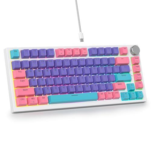 SOLIDEE Przewodowa klawiatura mechaniczna do gier 75% Hot Swappable,Gasket klawisze Red Switch z podświetleniem RGB,82 klawisze TKL klawiatury mechanicznej z pokrętłem sterującym(82 Purple)