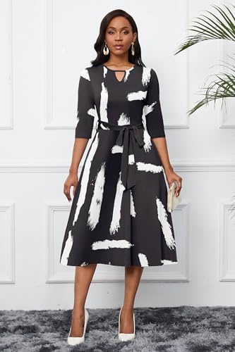 Image of CLOCOR Midi Dresses for Women Casual A-Line Fit and Flare Dress Crewneck 3 /4 Sleeve Keyhole Cocktail Party Church Dress